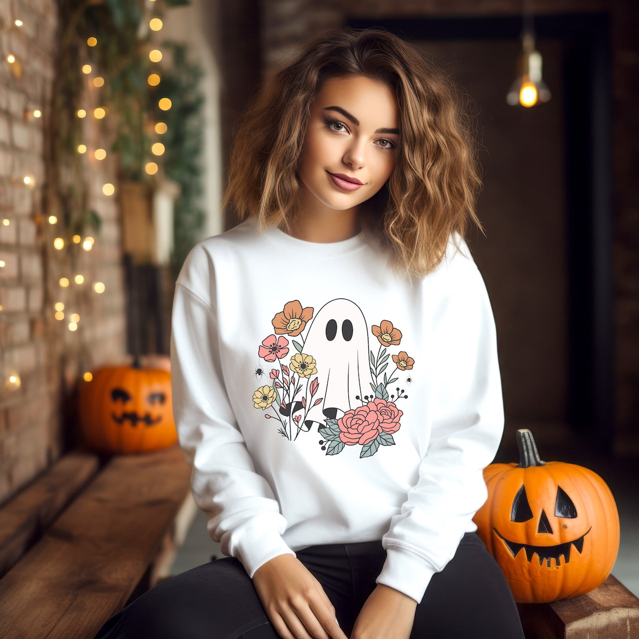 Lady wearing a white sweatshirt surrounded by jack-o-lanterns. On the sweatshirt is a cute ghost surrounded by beautiful flowers with a few spiders hanging around.